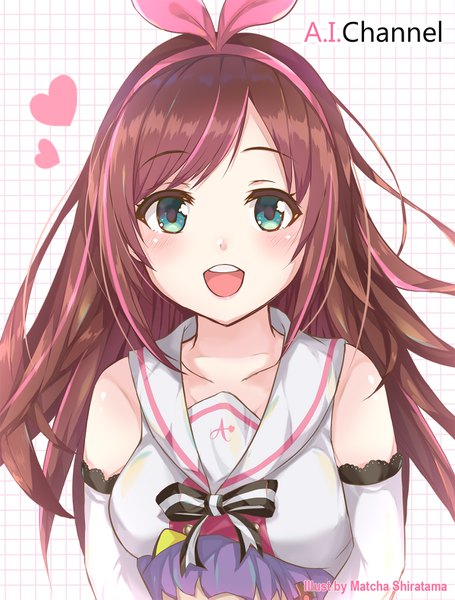 Anime-Bild 1200x1581 mit virtual youtuber a.i. channel kizuna ai matcha shiratama single long hair tall image looking at viewer blush open mouth brown hair bare shoulders signed upper body multicolored hair aqua eyes two-tone hair teeth streaked hair copyright name