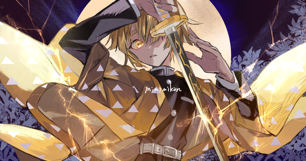 Anime picture 5470x2894 with kimetsu no yaiba ufotable agatsuma zenitsu mimimikan single looking at viewer fringe highres short hair blonde hair wide image signed yellow eyes absurdres upper body traditional clothes japanese clothes hair over one eye electricity boy