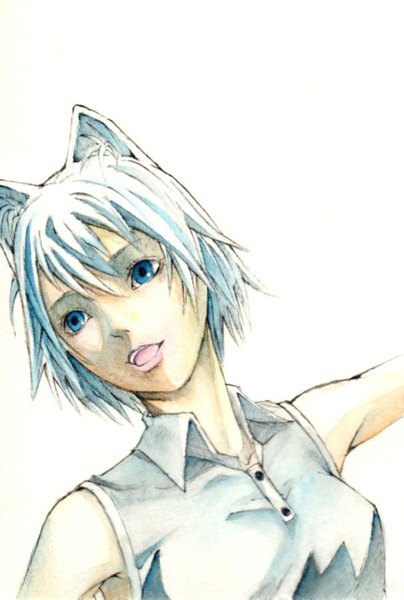 Anime picture 1000x1483 with yozakura quartet nanami ao kisita abara single tall image short hair open mouth blue eyes simple background white background animal ears blue hair looking away light smile cat ears sleeveless girl