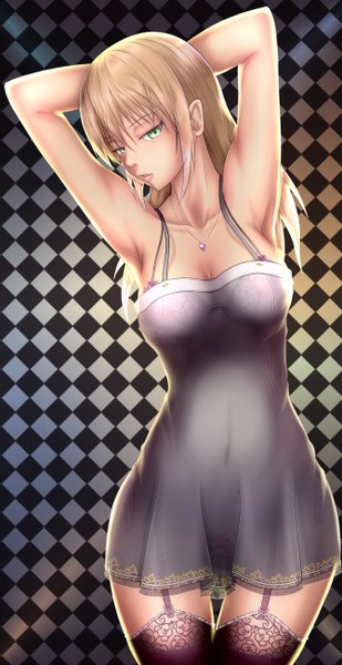 Anime picture 670x1300 with original nikuku (kazedesune) single long hair tall image fringe breasts light erotic blonde hair hair between eyes standing green eyes payot looking away cleavage parted lips lips arms up armpit (armpits) lipstick