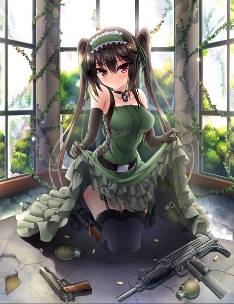 Anime picture 1000x1297 with original moeki yuuta single long hair tall image looking at viewer blush fringe light erotic black hair hair between eyes red eyes twintails full body girl thighhighs dress gloves weapon black thighhighs