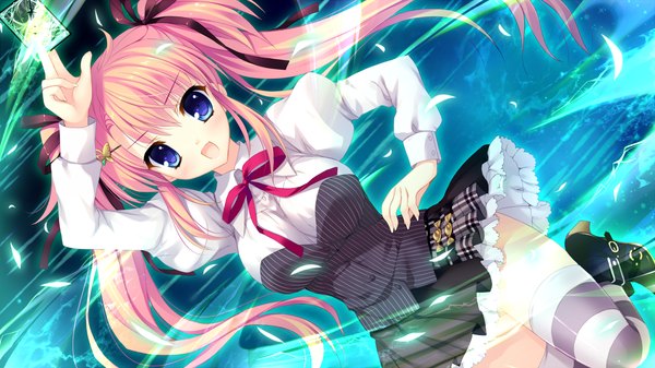 Anime picture 1280x720 with alia's carnival! shinomori yumi mitha long hair blush open mouth blue eyes wide image twintails pink hair game cg girl thighhighs dress skirt uniform ribbon (ribbons) hair ribbon school uniform striped thighhighs