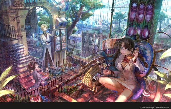 Anime picture 2088x1332 with original fuzichoco long hair looking at viewer highres short hair open mouth light erotic blonde hair brown hair standing sitting multiple girls signed looking away ponytail braid (braids) multiple boys legs twin braids