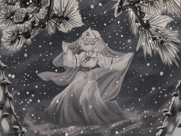 Anime picture 1400x1050 with touhou saigyouji yuyuko flx short hair monochrome snowing winter snow girl hat