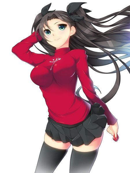 Anime picture 900x1200 with fate (series) fate/stay night type-moon toosaka rin koflif single long hair tall image looking at viewer blue eyes black hair smile white background twintails zettai ryouiki girl thighhighs skirt bow black thighhighs
