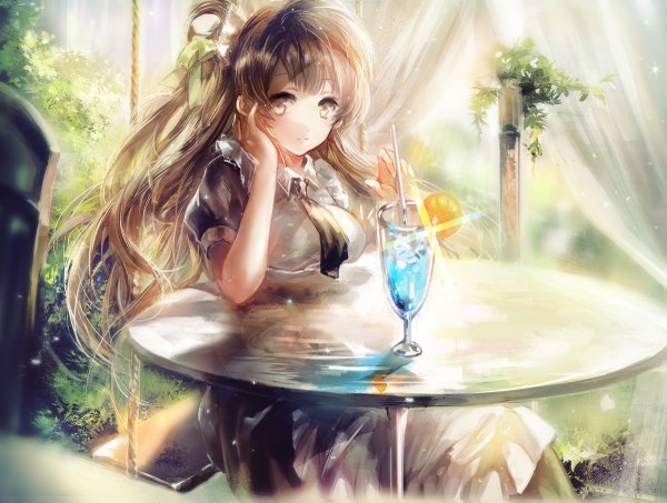 Anime picture 1200x907 with love live! school idol project sunrise (studio) love live! minami kotori juexing (moemoe3345) single long hair looking at viewer brown hair sitting brown eyes one side up girl dress ribbon (ribbons) plant (plants) hair ribbon table drink glass