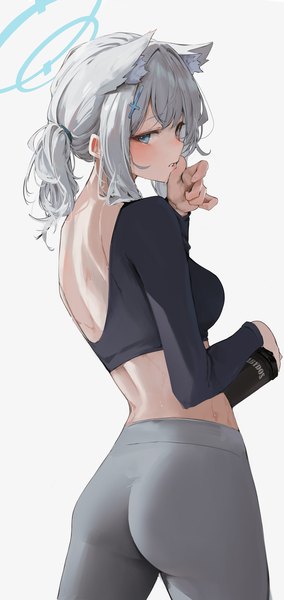 Anime picture 1500x3170 with blue archive shiroko (blue archive) leviathan (hikinito0902) single tall image looking at viewer blush fringe short hair breasts blue eyes light erotic simple background standing white background animal ears payot ass ponytail long sleeves