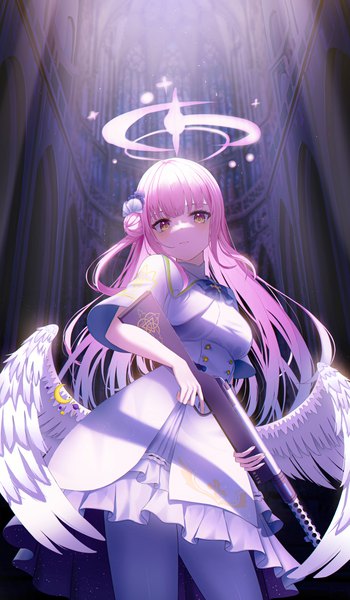 Anime picture 3500x6000 with blue archive mika (blue archive) li se single long hair tall image looking at viewer blush fringe highres breasts standing holding yellow eyes pink hair absurdres indoors blunt bangs hair flower from below