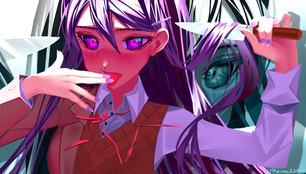Anime picture 1228x700 with doki doki literature club yuri (doki doki literature club) zontik2404 single long hair blush fringe hair between eyes wide image purple eyes holding signed payot looking away purple hair upper body long sleeves nail polish twitter username open collar