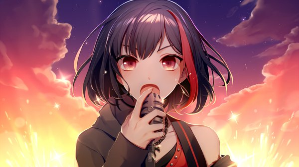 Anime picture 1920x1080 with bang dream! mitake ran asd13 single looking at viewer highres short hair open mouth black hair red eyes wide image sky cloud (clouds) upper body multicolored hair two-tone hair sparkle streaked hair singing girl