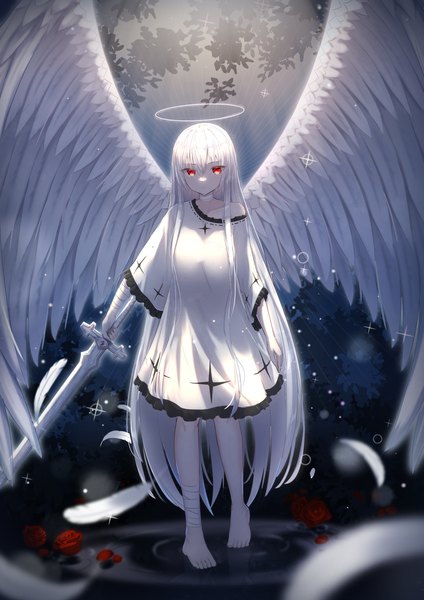 Anime picture 2894x4093 with original tokano 56 single tall image looking at viewer fringe highres hair between eyes red eyes standing holding white hair very long hair barefoot blurry off shoulder wide sleeves sparkle angel wings white wings