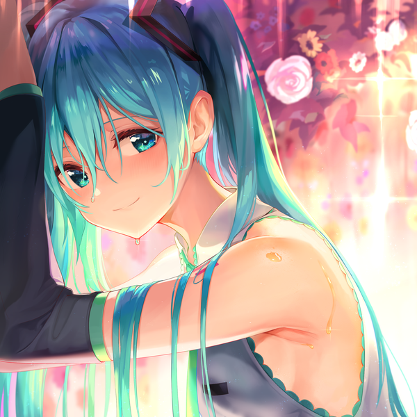Anime picture 2480x2480 with vocaloid hatsune miku maeshimashi single long hair looking at viewer blush fringe highres smile hair between eyes twintails upper body aqua eyes aqua hair wet girl hair ornament detached sleeves