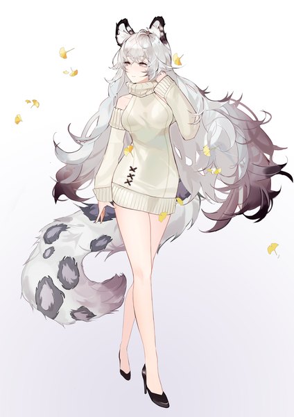 Anime picture 3000x4244 with arknights pramanix (arknights) taiz22 single long hair tall image highres simple background animal ears looking away silver hair full body tail animal tail bare legs grey eyes high heels gradient background girl detached sleeves