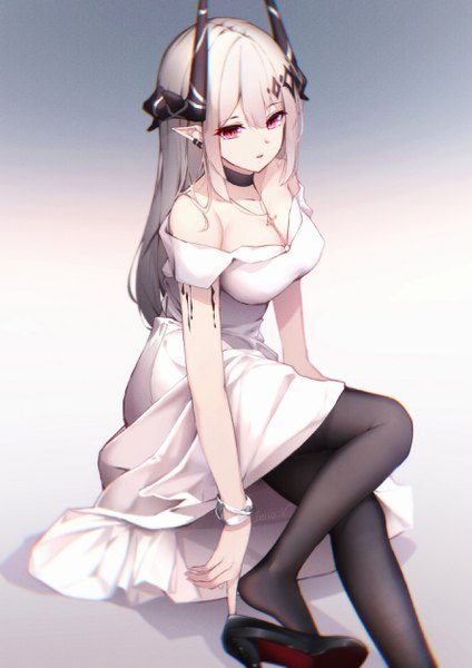 Anime picture 1767x2500 with arknights mudrock (arknights) leria v single long hair tall image looking at viewer fringe highres breasts open mouth light erotic simple background hair between eyes sitting signed payot cleavage silver hair bent knee (knees)