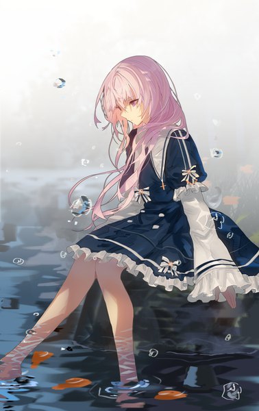 Anime picture 614x974 with original lloule single long hair tall image fringe hair between eyes sitting pink hair outdoors pink eyes wide sleeves looking down frilled dress sad soaking feet girl dress bow water