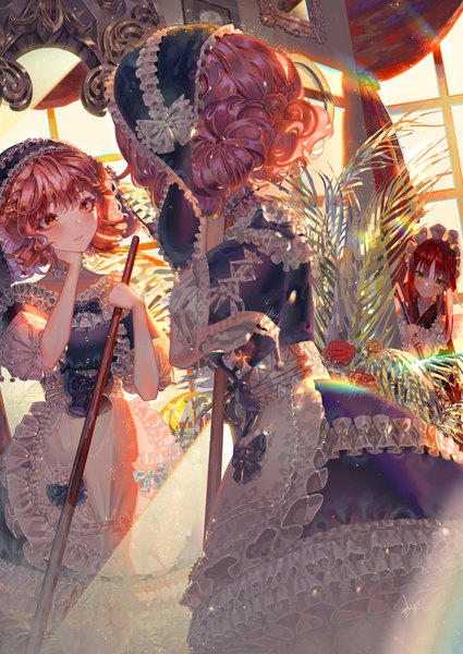 Anime picture 6840x9657 with original diyokama tall image blush fringe highres short hair open mouth hair between eyes red eyes standing multiple girls holding green eyes looking away absurdres red hair indoors blunt bangs head tilt