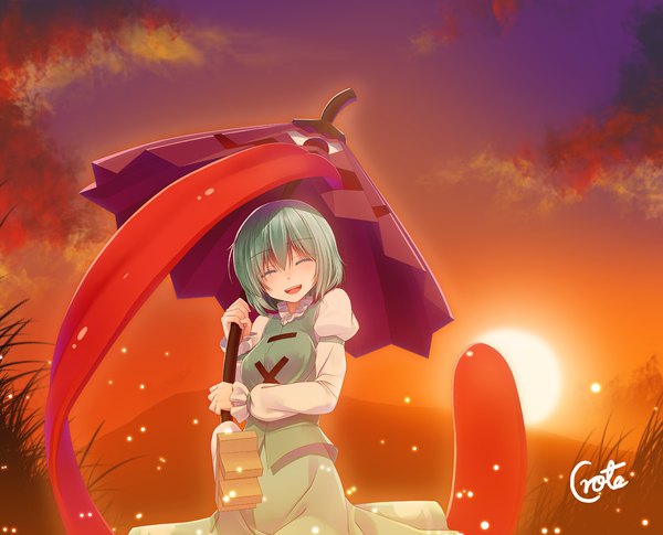 Anime picture 1360x1100 with touhou tatara kogasa crote single short hair open mouth blue hair sky cloud (clouds) eyes closed evening sunset girl dress umbrella