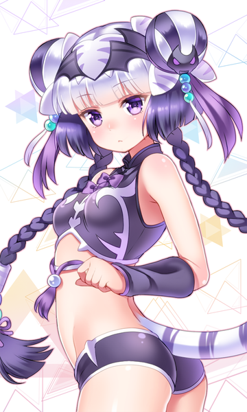 Anime picture 600x1000 with puzzle & dragons haku (p&d) shouni (sato3) single long hair tall image blush fringe breasts light erotic purple eyes purple hair silver hair ass tail animal tail looking back multicolored hair embarrassed girl