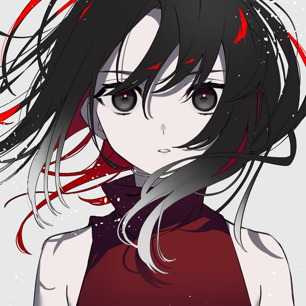 Anime picture 2479x2483 with original naomato single long hair tall image looking at viewer fringe highres black hair simple background hair between eyes bare shoulders upper body multicolored hair wind black eyes grey background two-tone hair streaked hair sleeveless