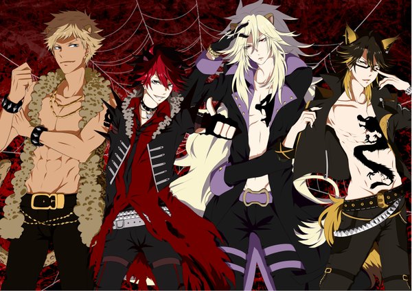 Anime picture 3541x2507 with show by rock!! studio bones crow (show by rock!!) yaiba (show by rock!!) aion (show by rock!!) rom (show by rock!!) umi luvoxic long hair looking at viewer highres short hair blue eyes blonde hair smile red eyes brown hair standing purple eyes animal ears absurdres
