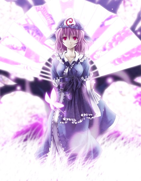 Anime picture 1504x1925 with touhou saigyouji yuyuko futami kito single tall image looking at viewer short hair red eyes purple hair girl dress frills insect butterfly bonnet fan