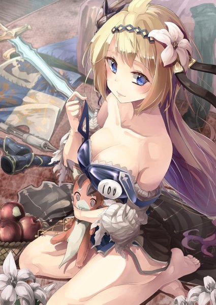 Anime picture 1505x2125 with granblue fantasy jeanne d'arc (granblue fantasy) saraki long hair tall image blush fringe blue eyes light erotic blonde hair smile sitting bare shoulders pink hair cleavage barefoot hair flower from above bare legs no shoes