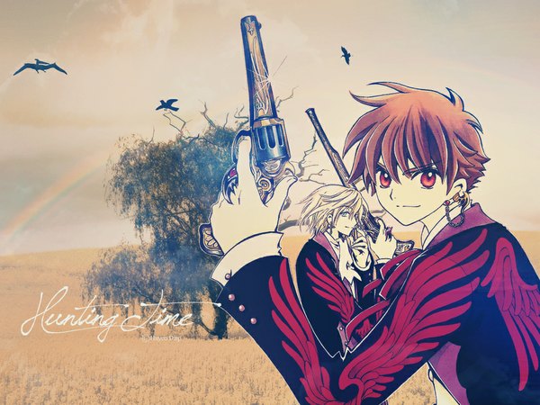 Anime picture 1024x768 with tsubasa reservoir chronicle clamp syaoran pistol fye flourite