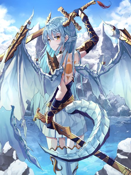 Anime picture 3214x4316 with original kerno single long hair tall image looking at viewer blush fringe highres hair between eyes standing holding yellow eyes payot blue hair absurdres sky cloud (clouds) outdoors tail