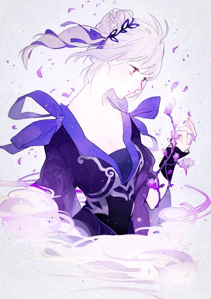 Anime picture 743x1053 with original mayer single long hair tall image fringe red eyes holding looking away cleavage purple hair profile pale skin girl hair ornament flower (flowers) petals