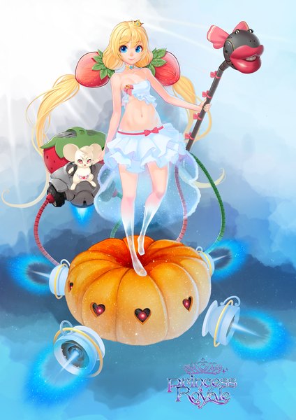 Anime picture 1860x2631 with original princess royale lucknight single long hair tall image looking at viewer highres blue eyes blonde hair twintails midriff girl navel hair ornament animal food berry (berries) strawberry