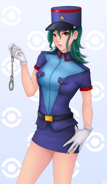 Anime picture 700x1200 with pokemon nintendo junsaa (pokemon) khalitzburg single long hair tall image looking at viewer blush open mouth holding brown eyes green hair light smile lips hand on hip police policewoman girl skirt