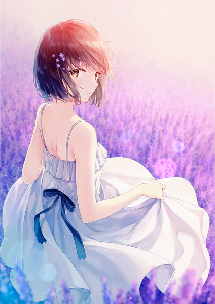 Anime picture 1414x2000 with original hiten (hitenkei) single tall image looking at viewer blush fringe short hair brown hair standing bare shoulders holding yellow eyes parted lips looking back hair flower from above from behind blurry depth of field