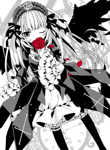 Anime picture 1000x1364 with rozen maiden suigintou moru single long hair tall image silver hair one eye closed wink grey eyes puffy sleeves black wings lolita fashion goth-loli girl dress flower (flowers) ribbon (ribbons) petals frills