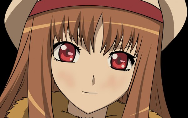 Anime picture 2000x1250 with spice and wolf horo single long hair blush highres red eyes brown hair wide image light smile black background portrait close-up face vector girl cap