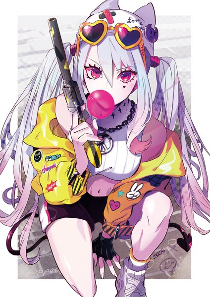 Anime picture 1000x1414 with original puppeteer7777 single long hair tall image looking at viewer fringe hair between eyes twintails holding signed payot bent knee (knees) white hair tail nail polish pink eyes arm up from above arm support