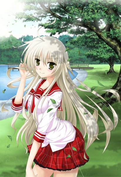 Anime picture 2550x3706 with original kopianget single long hair tall image blush highres smile yellow eyes white hair pleated skirt sunlight girl uniform plant (plants) school uniform tree (trees) bowtie leaf (leaves) sun