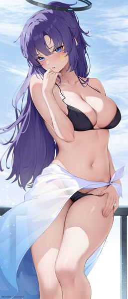 Anime-Bild 1678x3919 mit blue archive yuuka (blue archive) rosumerii single long hair tall image looking at viewer blush fringe breasts open mouth blue eyes light erotic hair between eyes large breasts standing sky purple hair cloud (clouds) outdoors