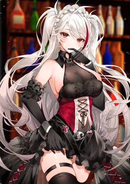Anime picture 2892x4096 with azur lane prinz eugen (azur lane) prinz eugen (kindred evening spirits) (azur lane) yukineko1018 single long hair tall image looking at viewer blush fringe highres breasts light erotic hair between eyes large breasts standing bare shoulders brown eyes white hair indoors