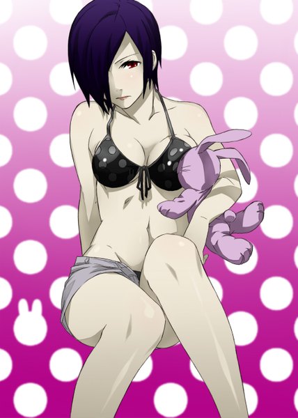Anime picture 1000x1401 with arizuka (catacombe) single tall image looking at viewer fringe highres short hair breasts light erotic red eyes sitting bare shoulders holding purple hair lips hair over one eye polka dot girl navel shorts