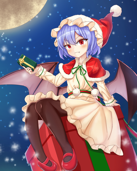 Anime picture 1600x2000 with touhou remilia scarlet 5cmremiria single tall image looking at viewer fringe short hair hair between eyes red eyes blue hair long sleeves light smile night fang (fangs) night sky snowing christmas bat wings girl