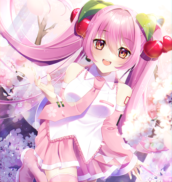 Anime picture 855x901 with vocaloid hatsune miku sakura miku ewokaku335 single tall image looking at viewer blush fringe open mouth hair between eyes red eyes sitting twintails pink hair very long hair :d pleated skirt from above cherry blossoms