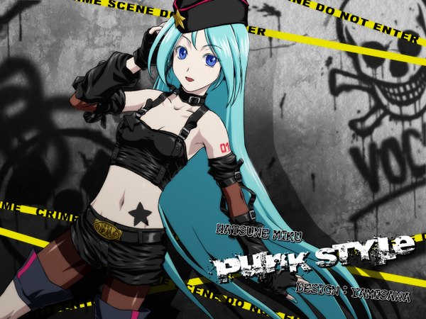 Anime picture 1280x960 with project diva vocaloid hatsune miku iga tomoteru single long hair blue eyes very long hair aqua hair midriff wallpaper alternate hairstyle hair down girl gloves navel hat shorts star (symbol) collar