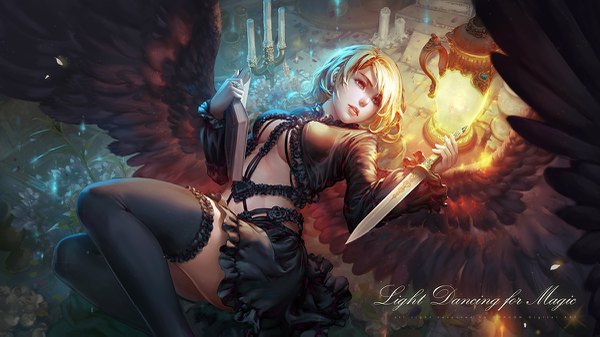 Anime picture 1200x675 with original antilous (anti) single long hair fringe breasts light erotic blonde hair wide image holding looking away lying long sleeves parted lips pink eyes on back text underboob light english