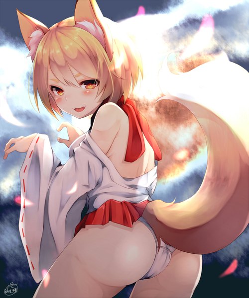 Anime picture 1665x2000 with original chita (ketchup) single tall image looking at viewer blush fringe short hair open mouth light erotic blonde hair smile hair between eyes standing bare shoulders signed animal ears ass tail head tilt