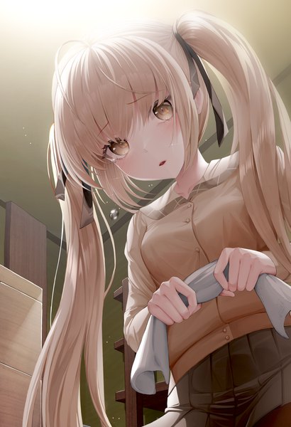 Anime picture 1957x2861 with yosuga no sora kasugano sora yjs0803123 single long hair tall image looking at viewer blush fringe highres open mouth blonde hair twintails holding brown eyes payot ahoge indoors from below light