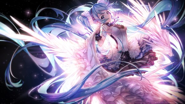 Anime picture 2000x1125 with 7th dragon 2020 vocaloid hatsune miku lengchan (fu626878068) single looking at viewer highres blue eyes wide image twintails blue hair ahoge very long hair sleeveless girl dress wings star (stars)
