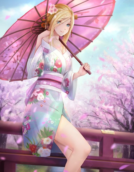 Anime picture 1000x1282 with original lnklo single long hair tall image looking at viewer fringe breasts blue eyes blonde hair smile standing bare shoulders holding payot sky cleavage cloud (clouds) outdoors traditional clothes