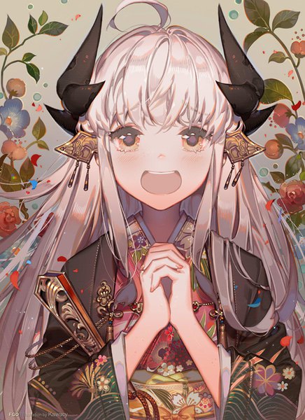 Anime picture 727x1000 with fate (series) fate/grand order kiyohime (fate) kawacy single long hair tall image looking at viewer fringe open mouth pink hair ahoge upper body traditional clothes japanese clothes horn (horns) orange eyes floral print happy hands clasped