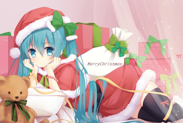 Anime picture 1094x735 with vocaloid hatsune miku suzu sakura single long hair looking at viewer blue eyes twintails blue hair christmas girl thighhighs bow black thighhighs toy stuffed animal couch gift santa claus hat santa claus costume