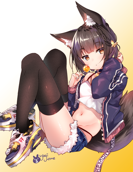 Anime picture 1160x1500 with original usagihime single tall image looking at viewer blush fringe short hair light erotic simple background brown hair holding brown eyes signed animal ears full body bent knee (knees) tail blunt bangs braid (braids)